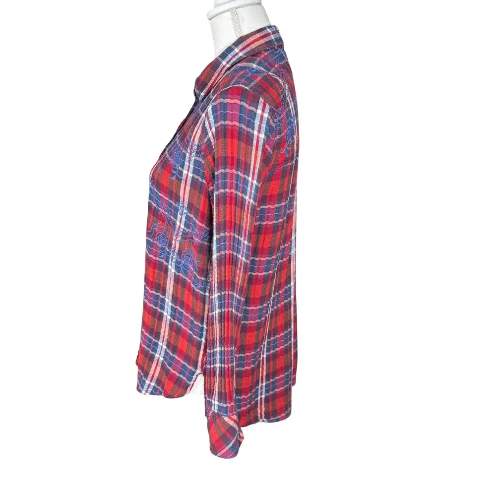 Free People Magical Plaid Embroidered Floral Button Down Shirt Small Flannel GUC